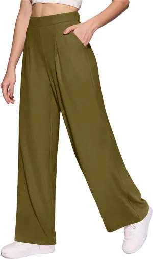 CLOZOZ Womens High Waisted Dressy Pants Tummy Control Waffle Knit Loose Fit Straight Leg Stretch Casual Wide Leg Trouser