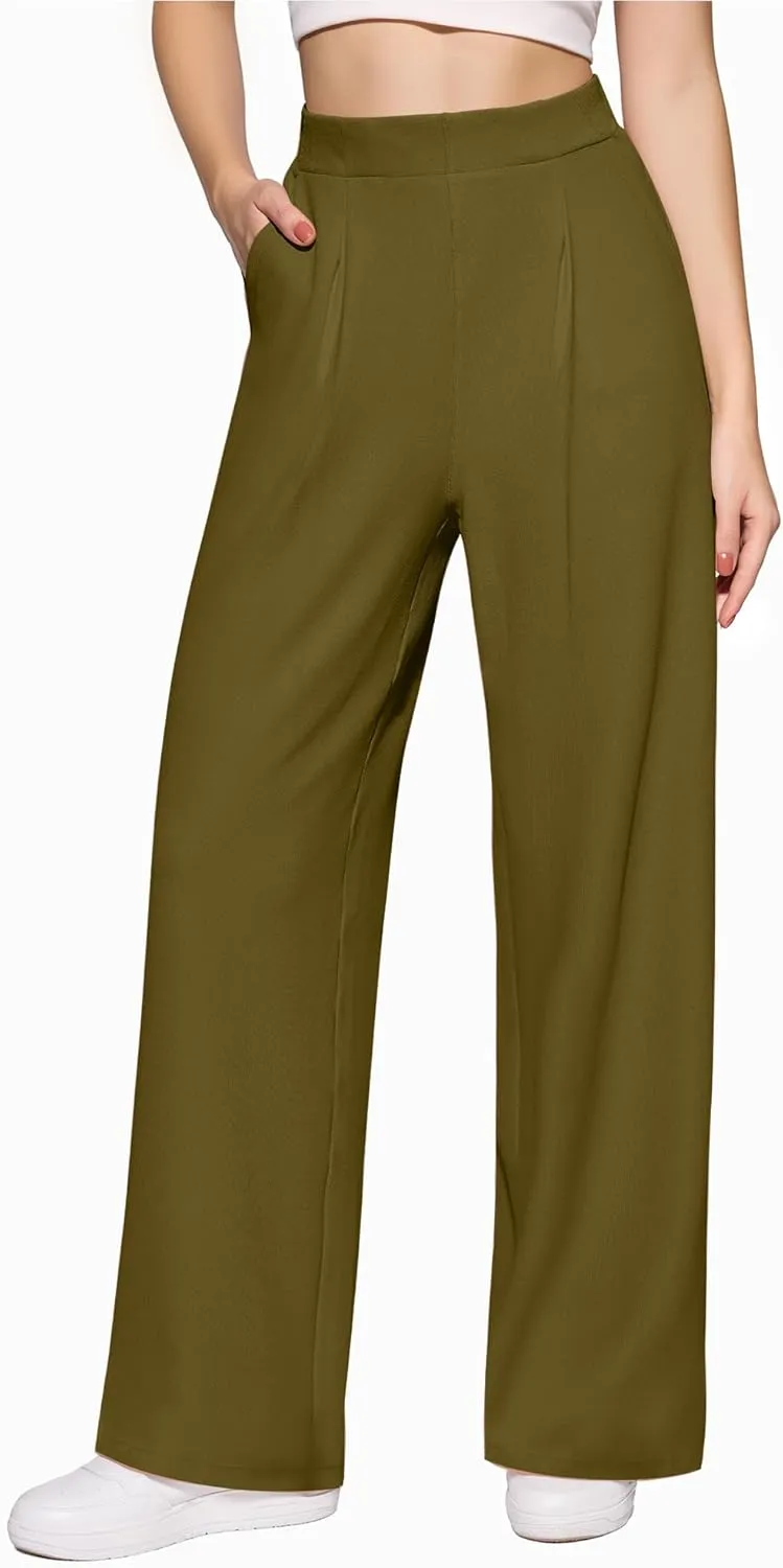 CLOZOZ Womens High Waisted Dressy Pants Tummy Control Waffle Knit Loose Fit Straight Leg Stretch Casual Wide Leg Trouser