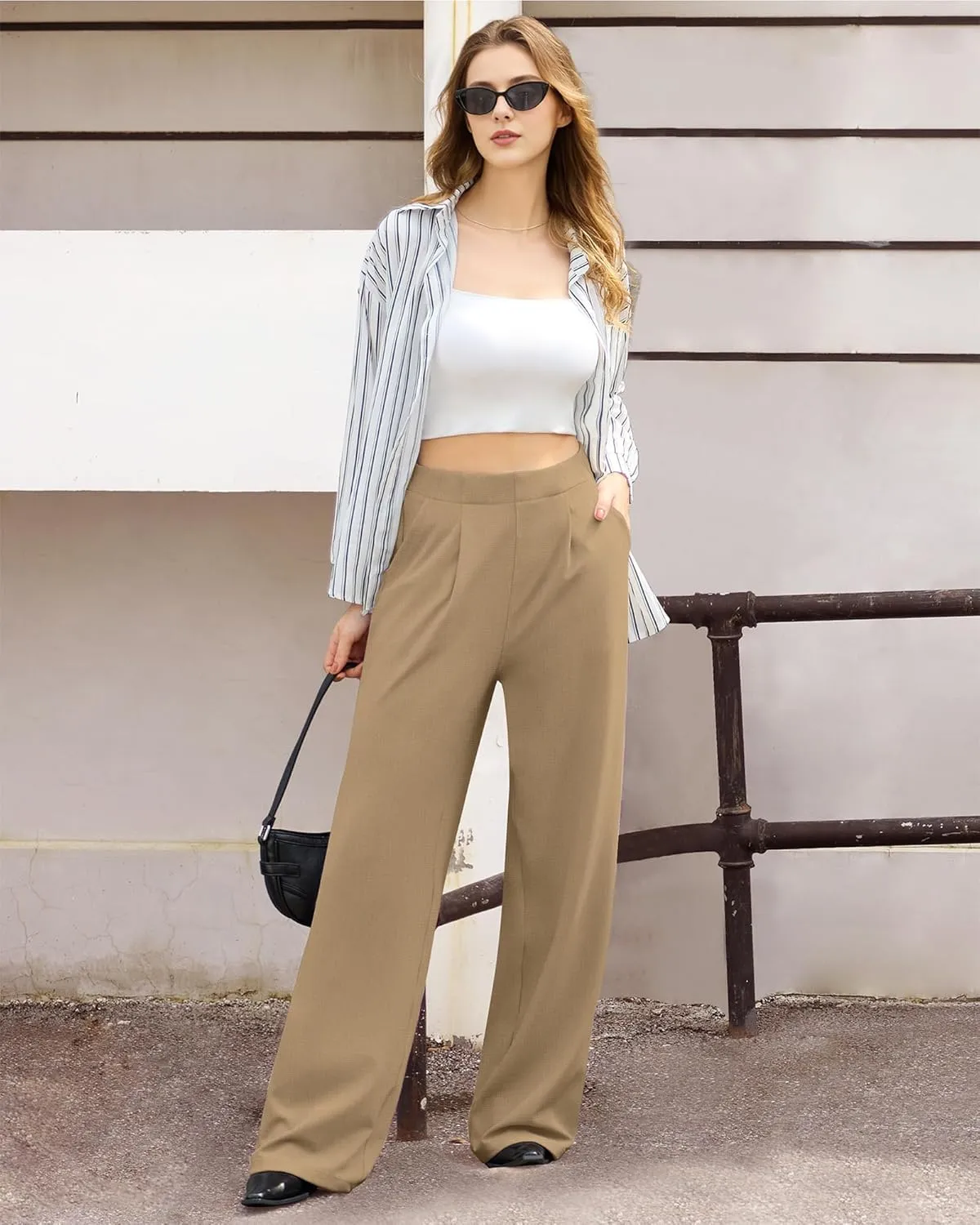 CLOZOZ Womens High Waisted Dressy Pants Tummy Control Waffle Knit Loose Fit Straight Leg Stretch Casual Wide Leg Trouser