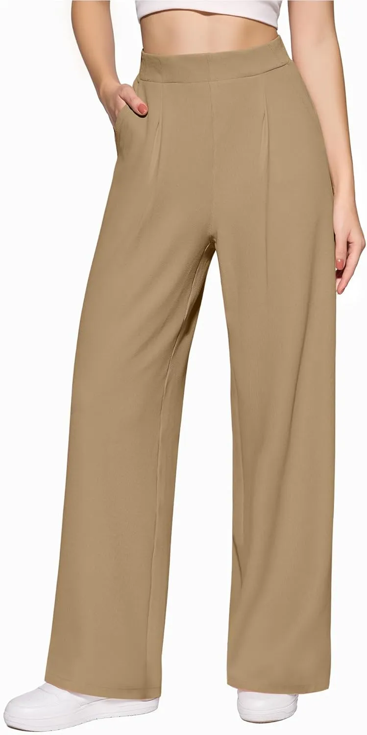 CLOZOZ Womens High Waisted Dressy Pants Tummy Control Waffle Knit Loose Fit Straight Leg Stretch Casual Wide Leg Trouser