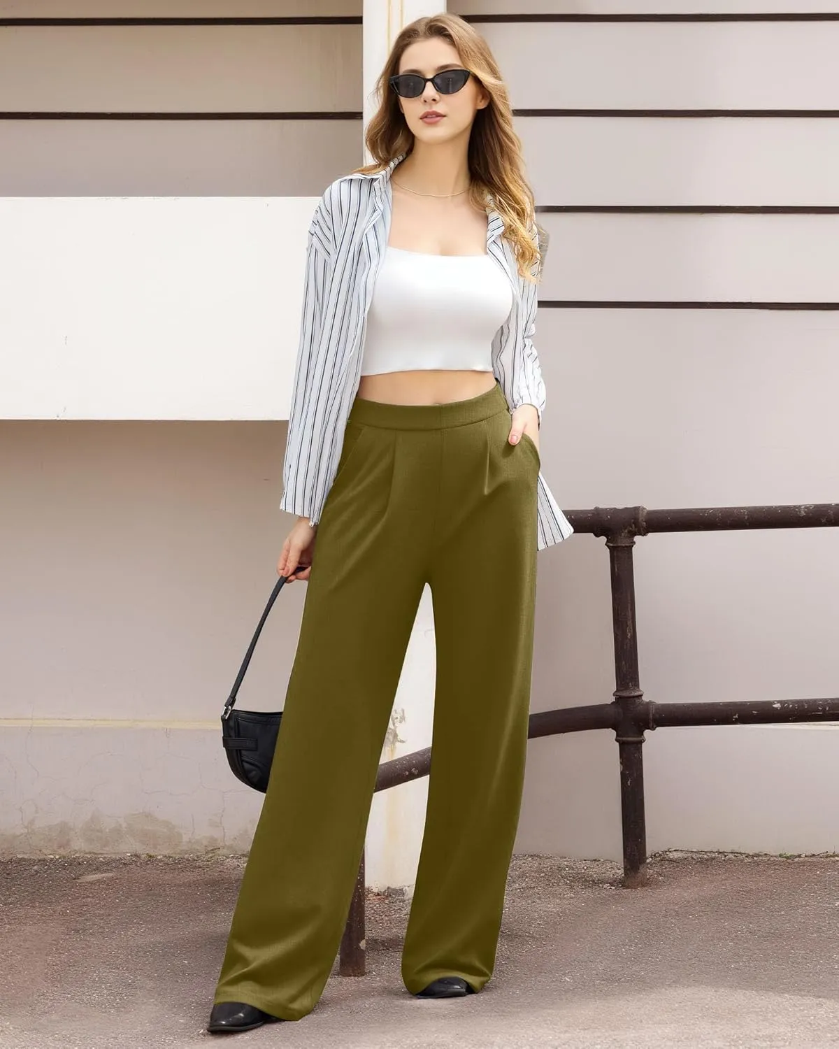 CLOZOZ Womens High Waisted Dressy Pants Tummy Control Waffle Knit Loose Fit Straight Leg Stretch Casual Wide Leg Trouser