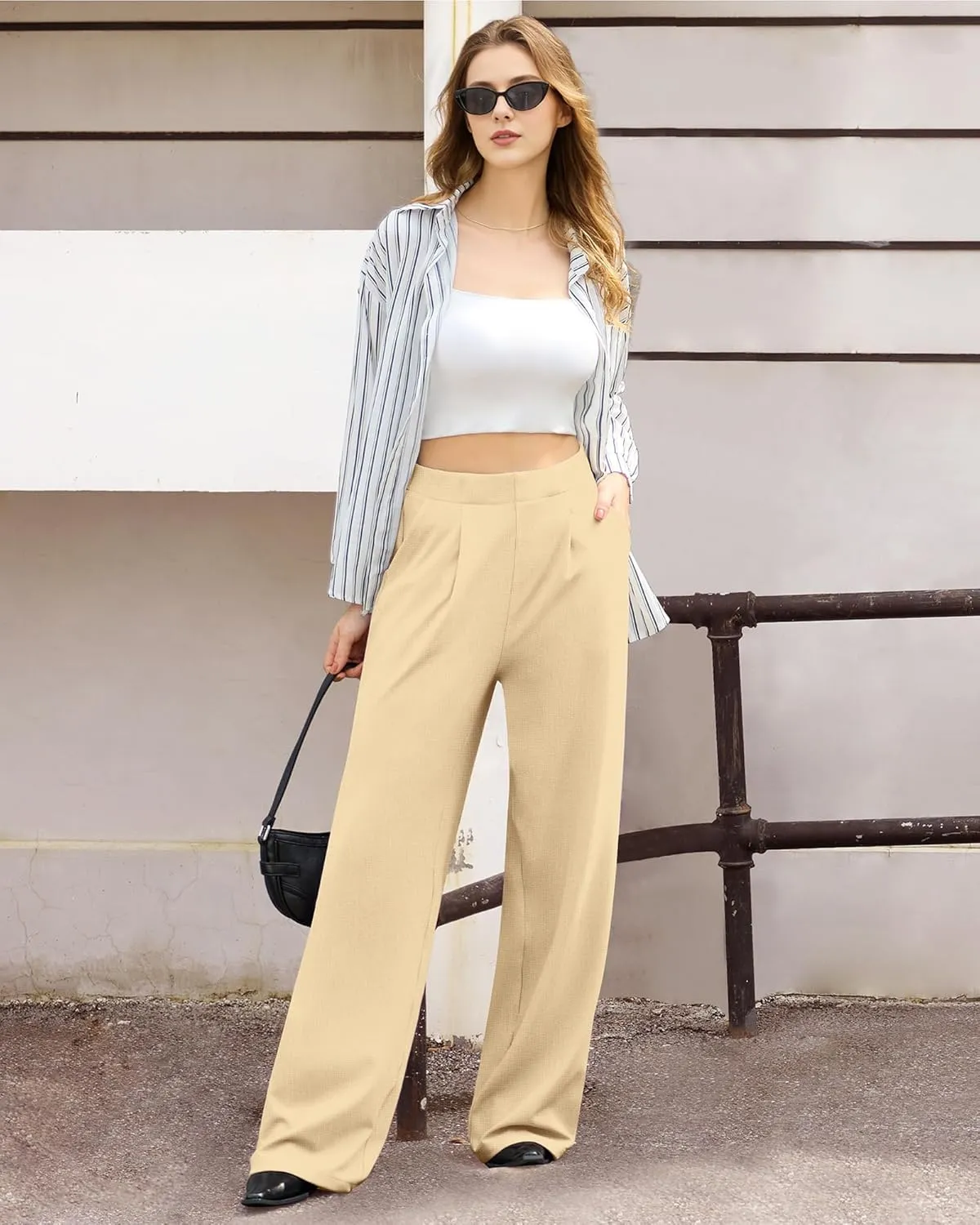 CLOZOZ Womens High Waisted Dressy Pants Tummy Control Waffle Knit Loose Fit Straight Leg Stretch Casual Wide Leg Trouser