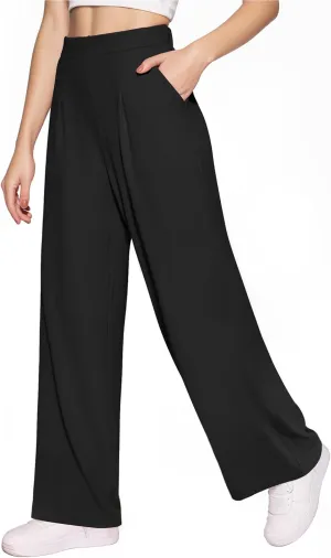 CLOZOZ Womens High Waisted Dressy Pants Tummy Control Waffle Knit Loose Fit Straight Leg Stretch Casual Wide Leg Trouser