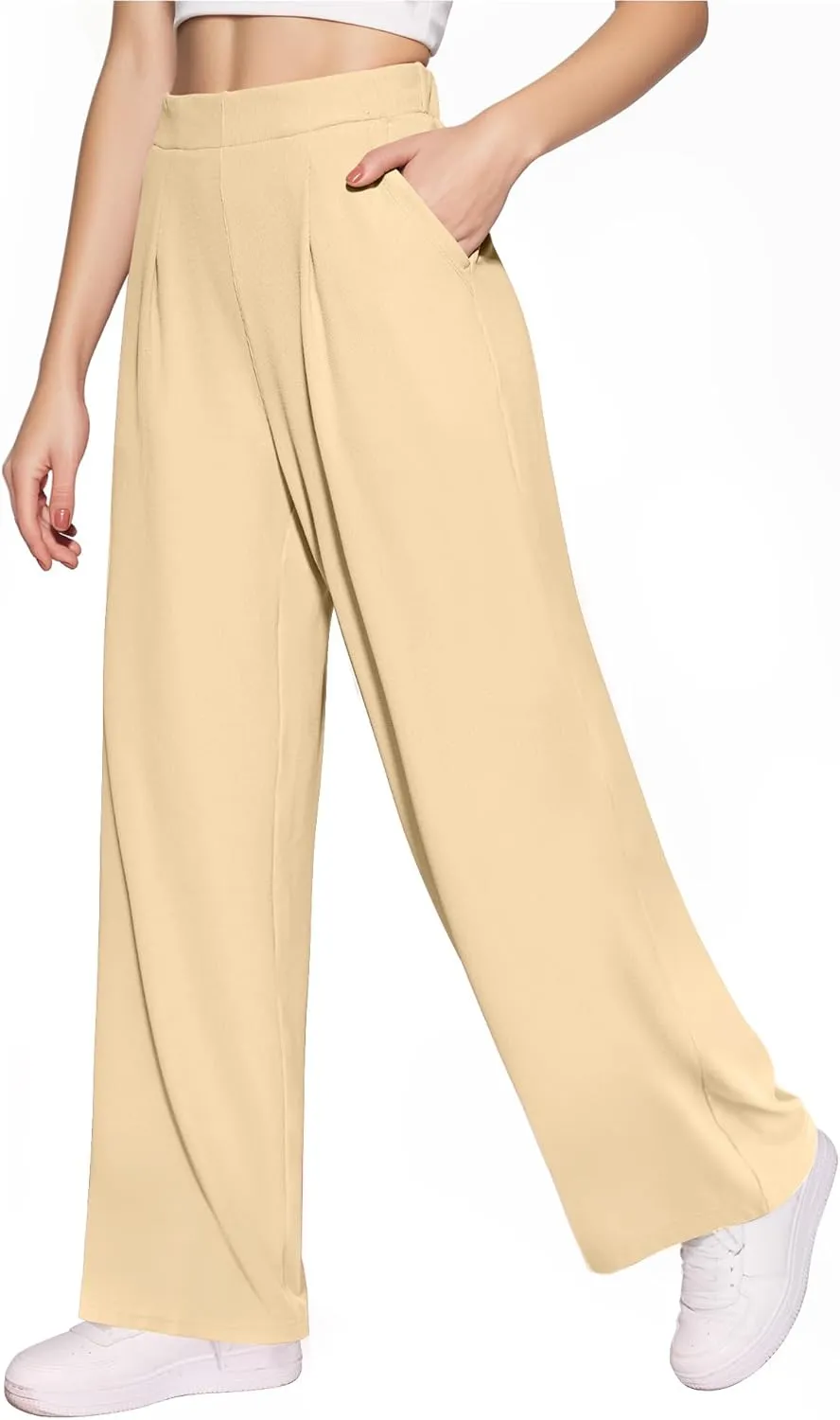 CLOZOZ Womens High Waisted Dressy Pants Tummy Control Waffle Knit Loose Fit Straight Leg Stretch Casual Wide Leg Trouser