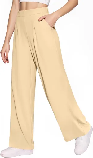 CLOZOZ Womens High Waisted Dressy Pants Tummy Control Waffle Knit Loose Fit Straight Leg Stretch Casual Wide Leg Trouser