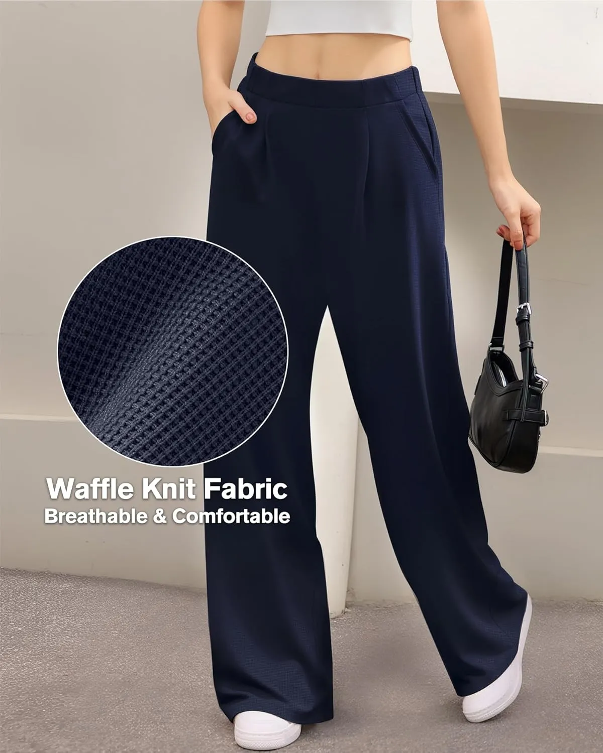 CLOZOZ Womens High Waisted Dressy Pants Tummy Control Waffle Knit Loose Fit Straight Leg Stretch Casual Wide Leg Trouser