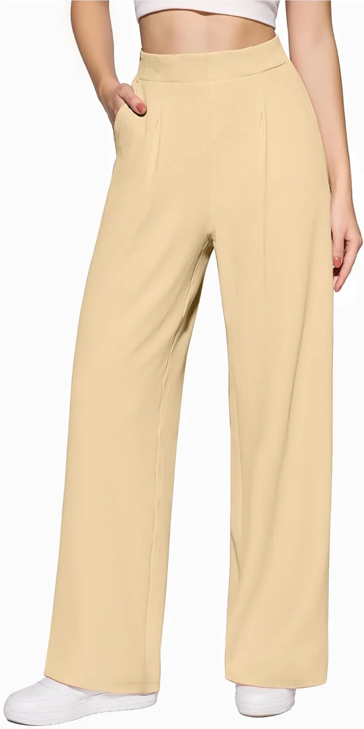 CLOZOZ Womens High Waisted Dressy Pants Tummy Control Waffle Knit Loose Fit Straight Leg Stretch Casual Wide Leg Trouser
