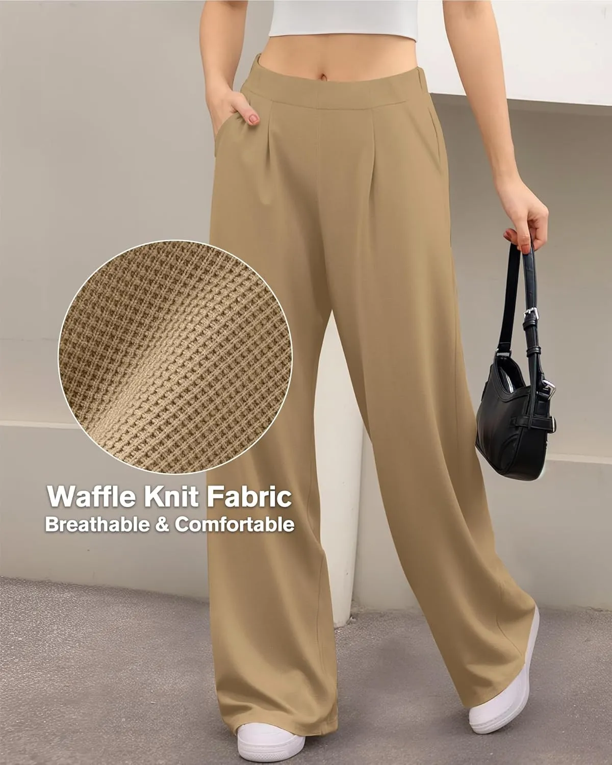 CLOZOZ Womens High Waisted Dressy Pants Tummy Control Waffle Knit Loose Fit Straight Leg Stretch Casual Wide Leg Trouser