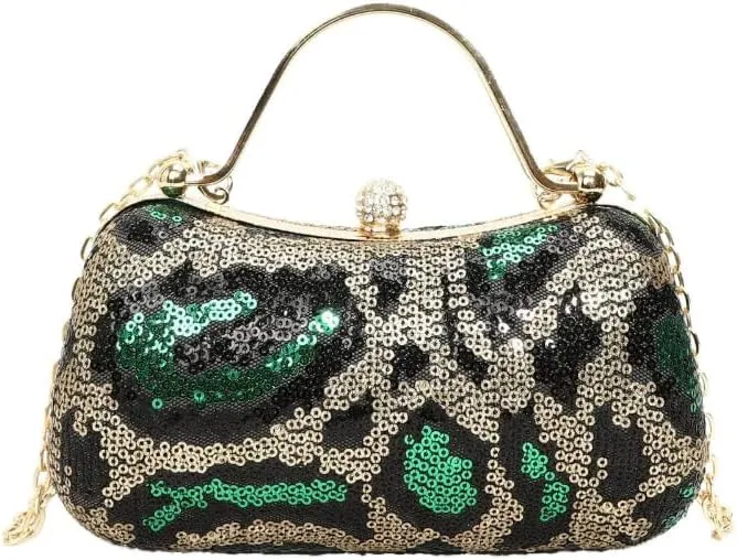 Clutch Bag for Women Evening Purse Leopard Sequin with Chain Strap Hard Shell Kiss Lock Handbag for Parties Weddings Events