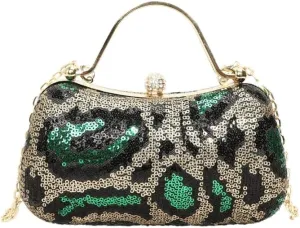 Clutch Bag for Women Evening Purse Leopard Sequin with Chain Strap Hard Shell Kiss Lock Handbag for Parties Weddings Events
