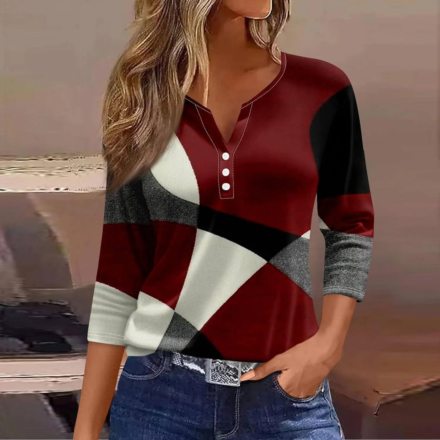 COTECRAM Tops for Women 2024 Summer Casual 3/4 Length Sleeve Button V Neck T Shirts Boho Floral Graphic Tees Loose Tunics