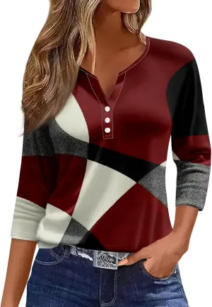 COTECRAM Tops for Women 2024 Summer Casual 3/4 Length Sleeve Button V Neck T Shirts Boho Floral Graphic Tees Loose Tunics