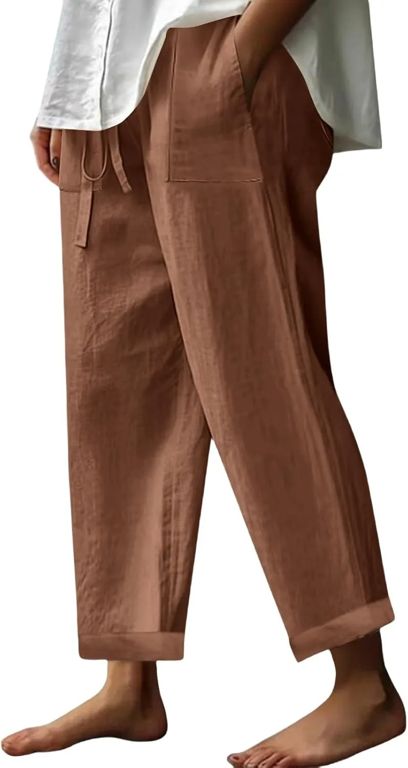Cotton Linen Pants for Women Trendy Drawstring Cropped Pant Trousers Casual Summer Wide Leg Capris