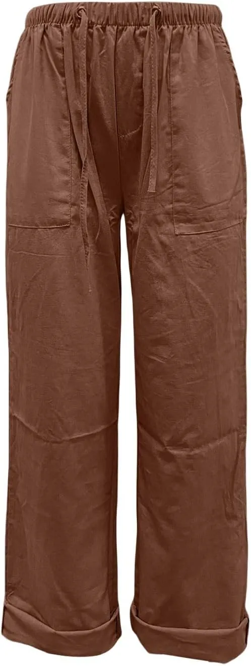Cotton Linen Pants for Women Trendy Drawstring Cropped Pant Trousers Casual Summer Wide Leg Capris