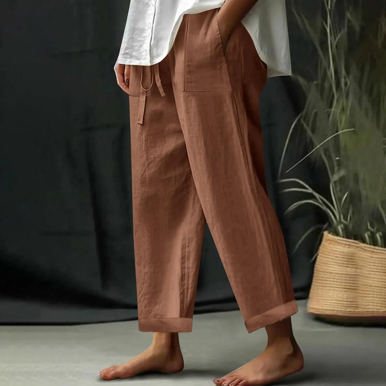 Cotton Linen Pants for Women Trendy Drawstring Cropped Pant Trousers Casual Summer Wide Leg Capris