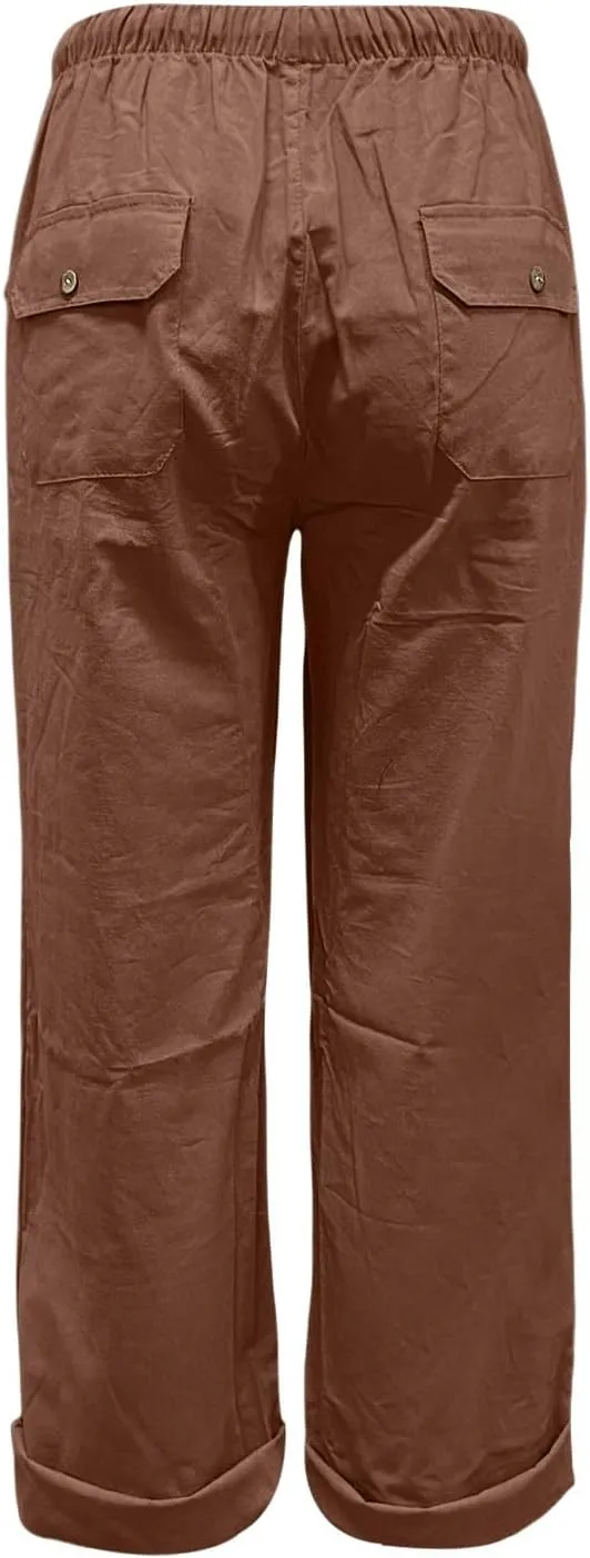 Cotton Linen Pants for Women Trendy Drawstring Cropped Pant Trousers Casual Summer Wide Leg Capris