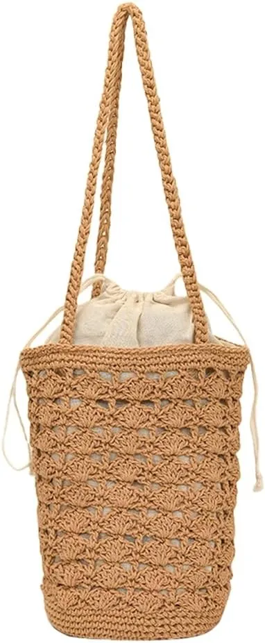 Crochet Bucket Bags Women Knit Drawstring Shoulder Bag Bohemian Hollow Hobo Bag Satchel Summer Beach Purse 2025