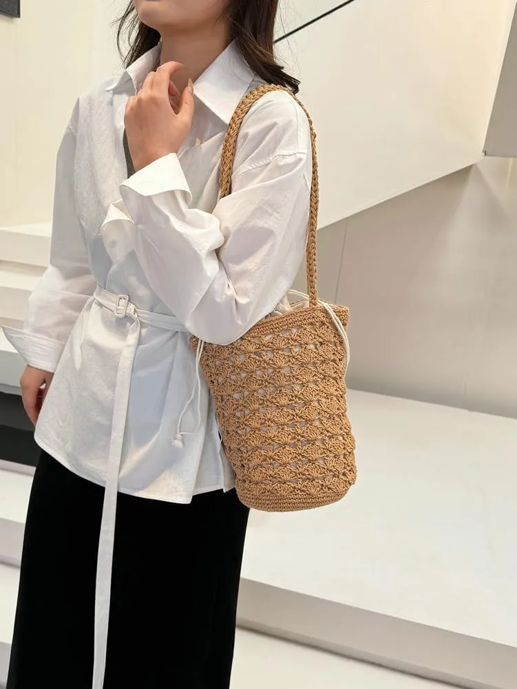 Crochet Bucket Bags Women Knit Drawstring Shoulder Bag Bohemian Hollow Hobo Bag Satchel Summer Beach Purse 2025