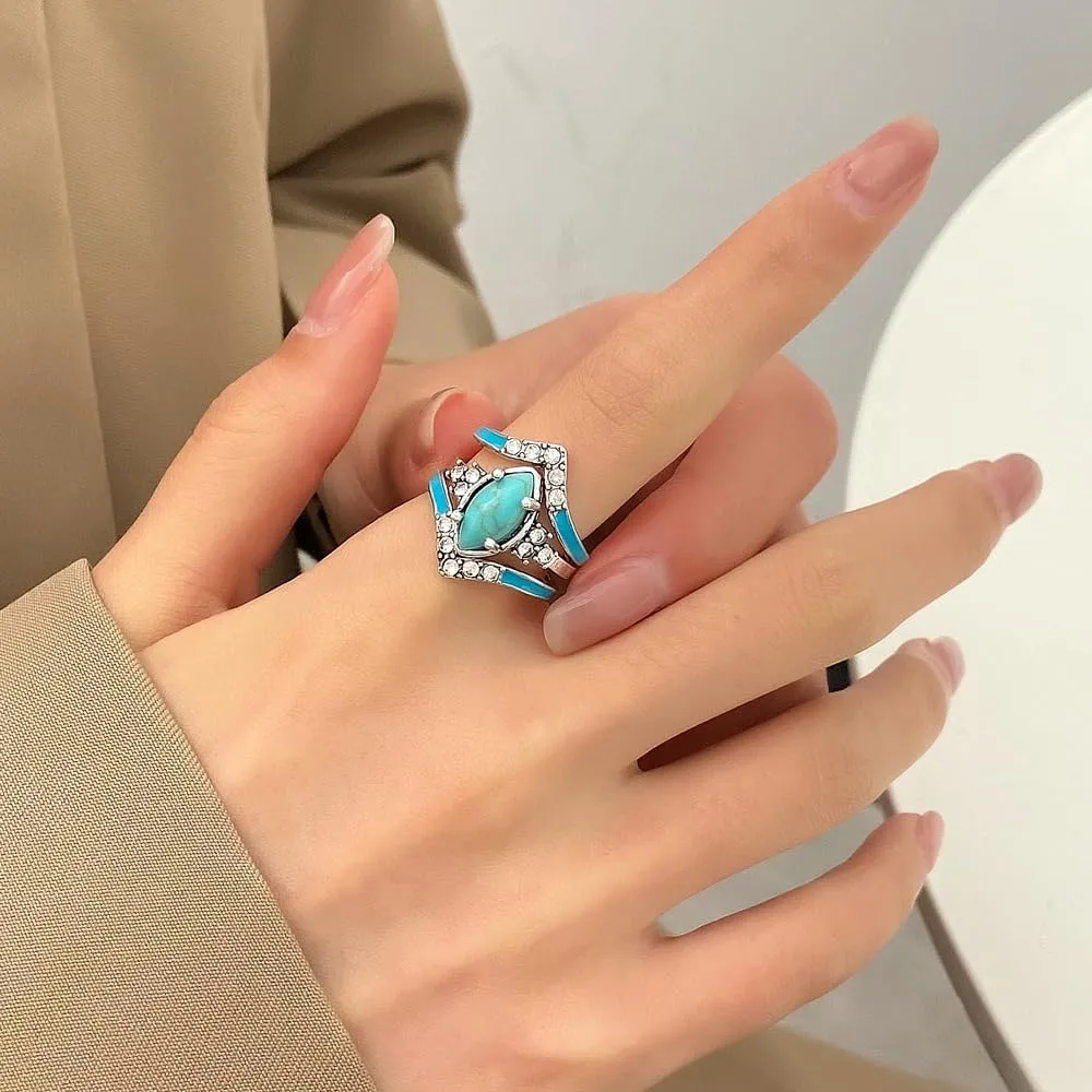 CSIYANJRY99 Boho Turquoise Rhinestone Rings - Silver Vintage Joint Knuckle & Finger Index Rings for Women