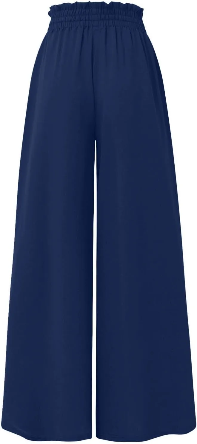 Culottes for Women Chiffon Dressy Casual Wide Leg Pants Elegant Baggy Elastic High Waisted Palazzo Pants with Pockets