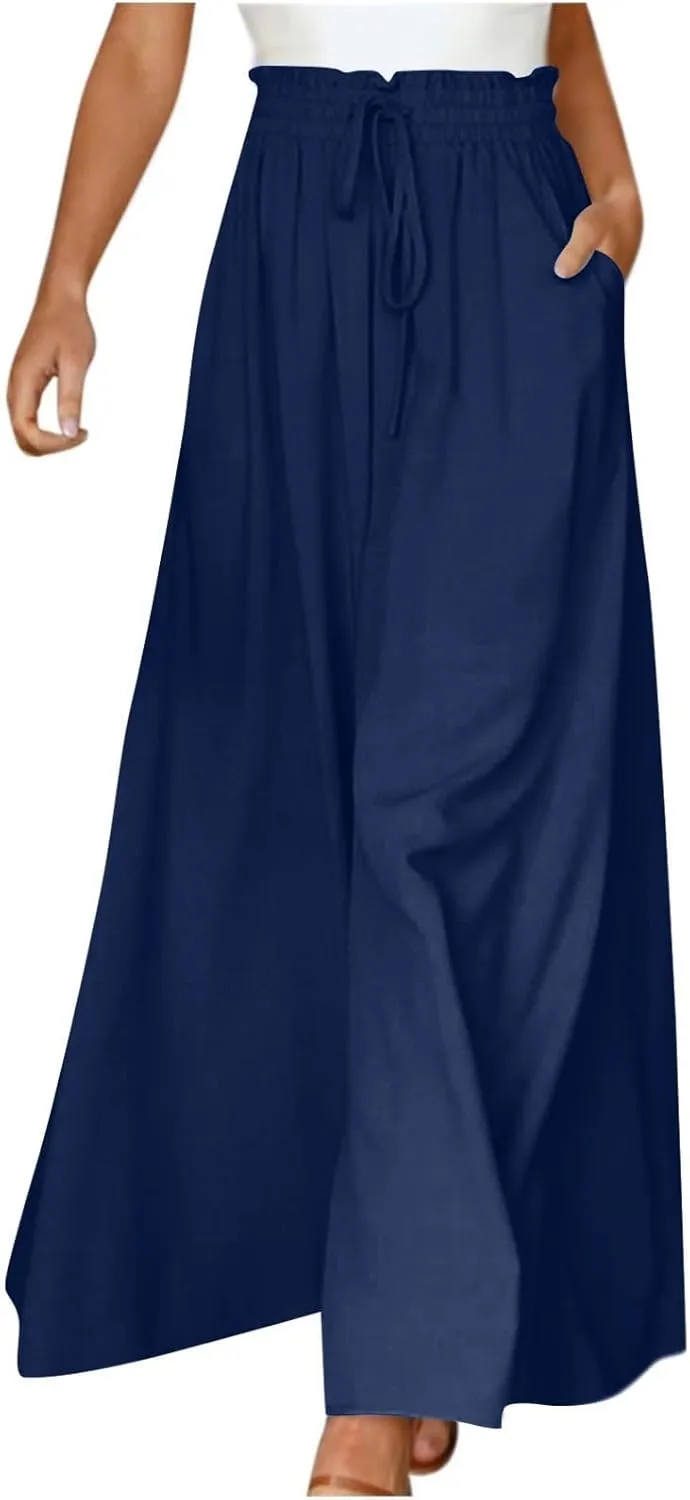 Culottes for Women Chiffon Dressy Casual Wide Leg Pants Elegant Baggy Elastic High Waisted Palazzo Pants with Pockets