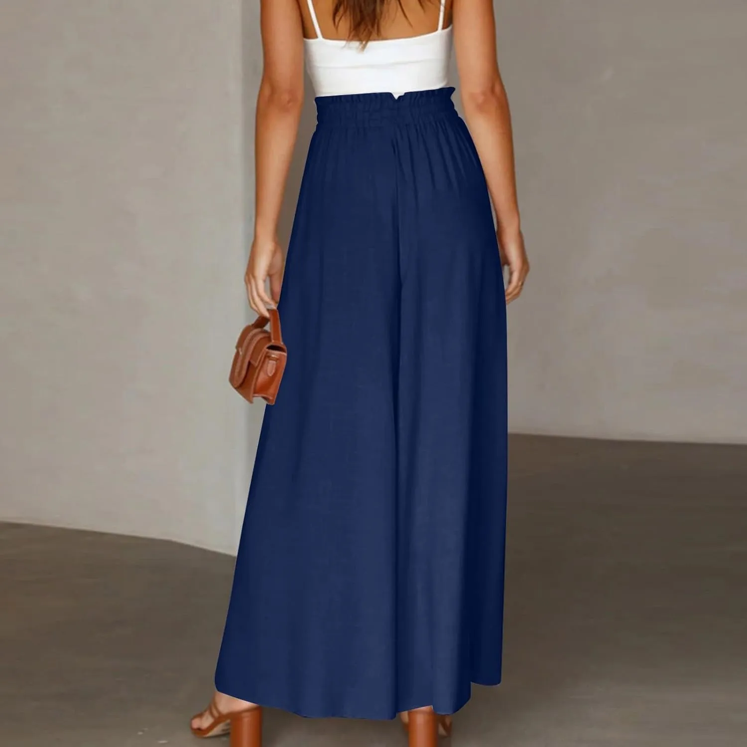 Culottes for Women Chiffon Dressy Casual Wide Leg Pants Elegant Baggy Elastic High Waisted Palazzo Pants with Pockets