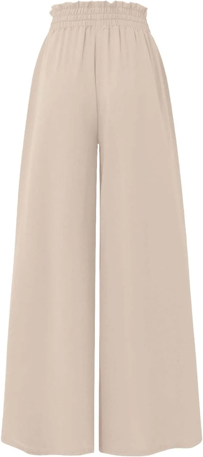 Culottes for Women Chiffon Dressy Casual Wide Leg Pants Elegant Baggy Elastic High Waisted Palazzo Pants with Pockets