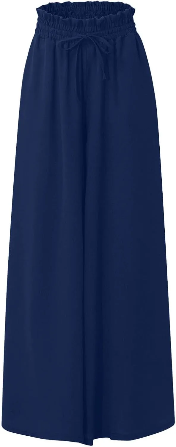 Culottes for Women Chiffon Dressy Casual Wide Leg Pants Elegant Baggy Elastic High Waisted Palazzo Pants with Pockets