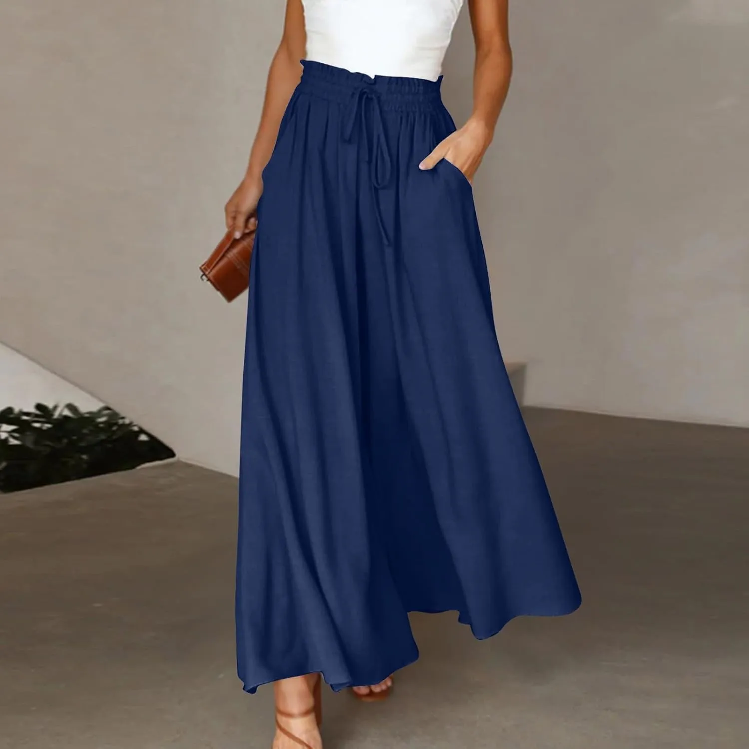 Culottes for Women Chiffon Dressy Casual Wide Leg Pants Elegant Baggy Elastic High Waisted Palazzo Pants with Pockets