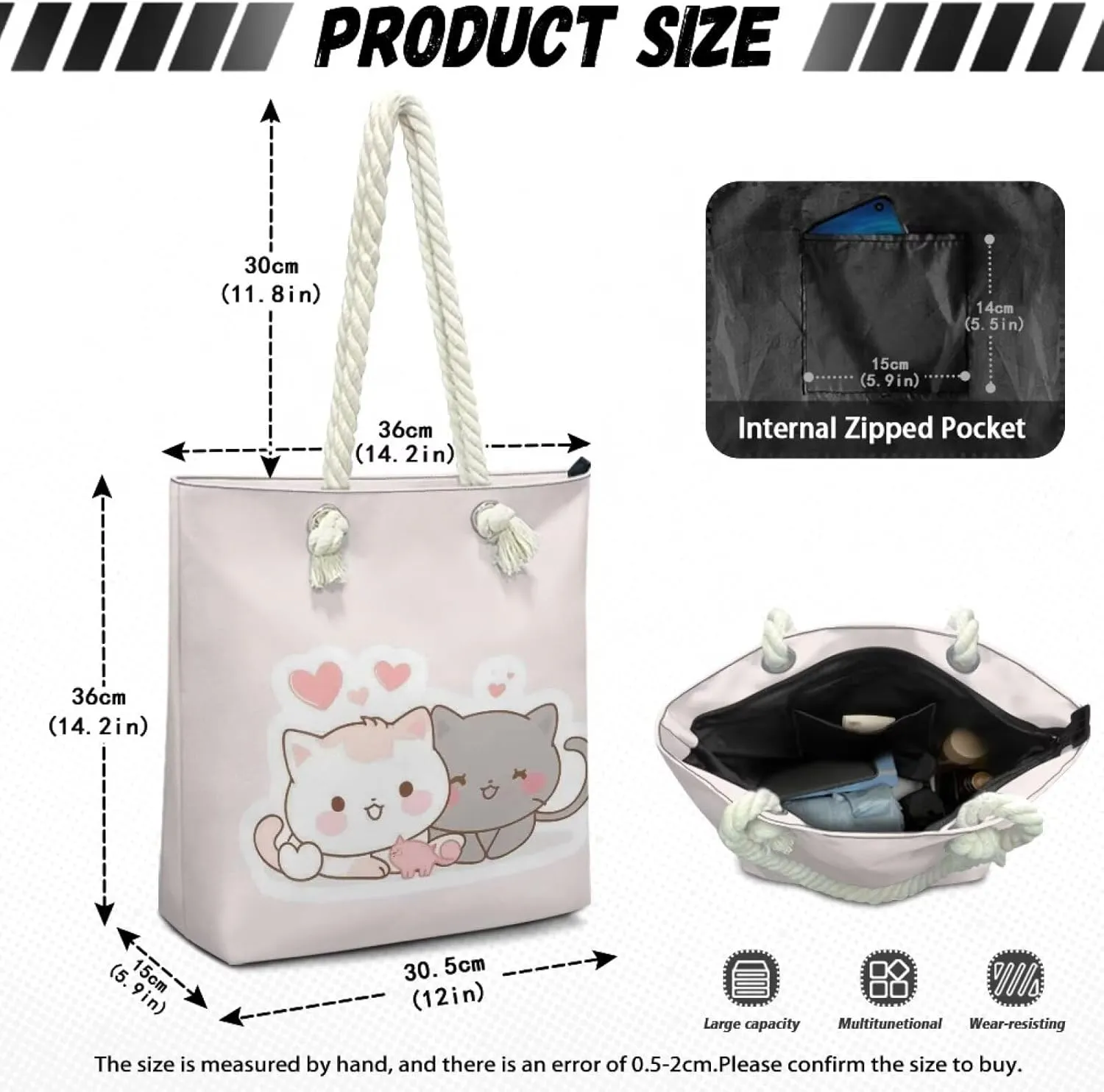 Custom Tote Bag for Women Zipper Cloth Cotton Bags for Travel Casual Satchel Totes