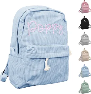 Customizable Corduroy Backpack with Name Embroidery - Lightweight, Perfect for School Trips and Laptop Carrying (Blue)