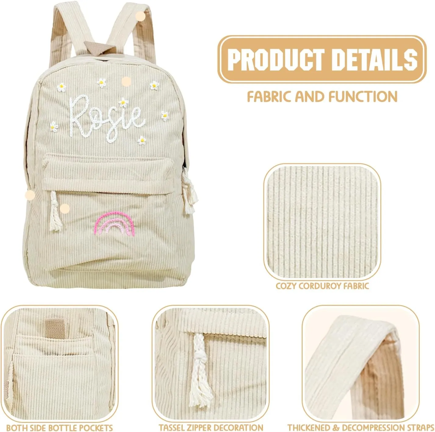Customizable Corduroy Backpack with Name Embroidery - Lightweight, Perfect for School Trips and Laptop Carrying (Gray)