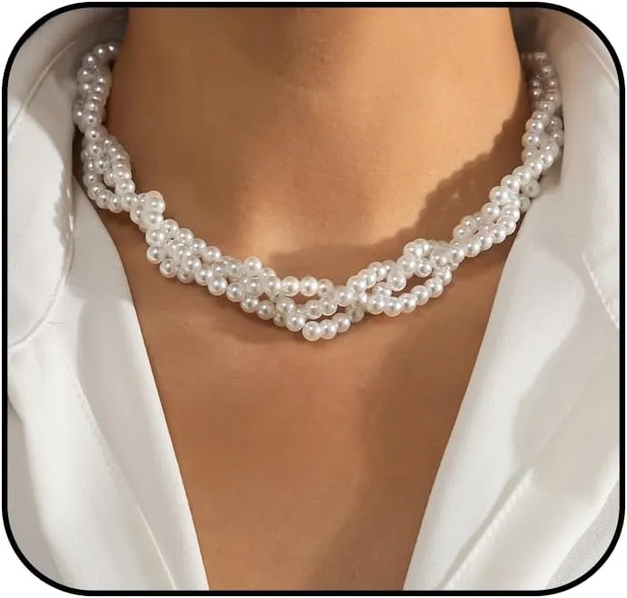 Dainty Pearl Choker Necklace for Women Layered White Faux Pearl Strand Necklace,Elegant Tiny Barque Pearl Necklaces Wedding Prom Bridal Jewelry