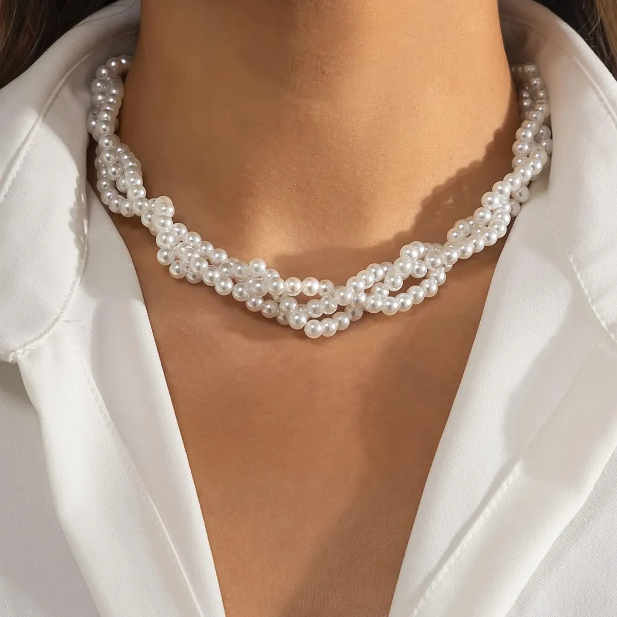 Dainty Pearl Choker Necklace for Women Layered White Faux Pearl Strand Necklace,Elegant Tiny Barque Pearl Necklaces Wedding Prom Bridal Jewelry