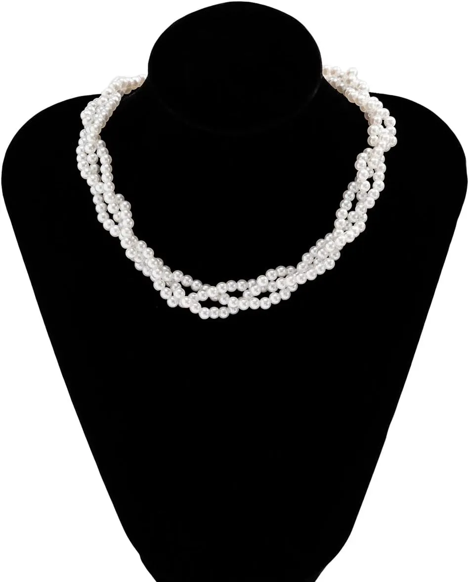 Dainty Pearl Choker Necklace for Women Layered White Faux Pearl Strand Necklace,Elegant Tiny Barque Pearl Necklaces Wedding Prom Bridal Jewelry