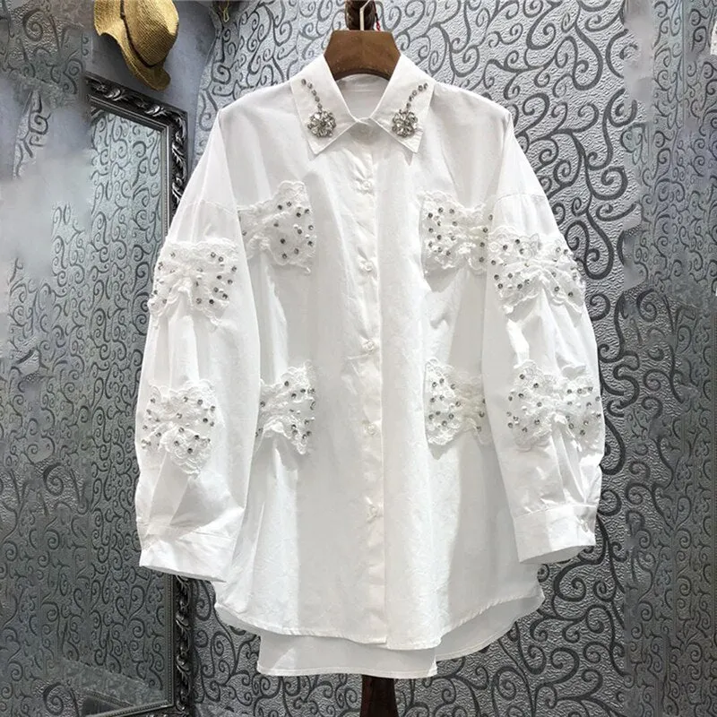deanwangkt Korean Fashion Patchwork Bowknot Shirt For Women Lapel Lantern Sleeve Button Through Blouse Female Clothing Spring