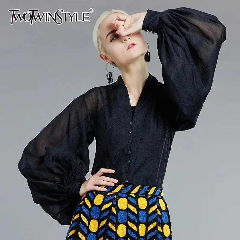 deanwangkt See Through Black Blouse For Women Stand Collar Lantern Long Sleeve Casual Loose Shirt Female Fashion New Spring