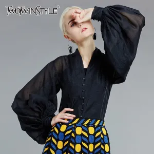 deanwangkt See Through Black Blouse For Women Stand Collar Lantern Long Sleeve Casual Loose Shirt Female Fashion New Spring