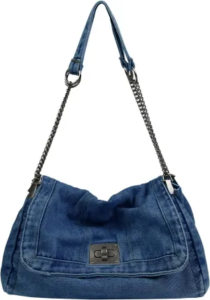 Denim Tote Bag for Women Fashion Adjustable Chain Shoulder Handbag Crossbody Bag Retro Zipper Hobo Purse