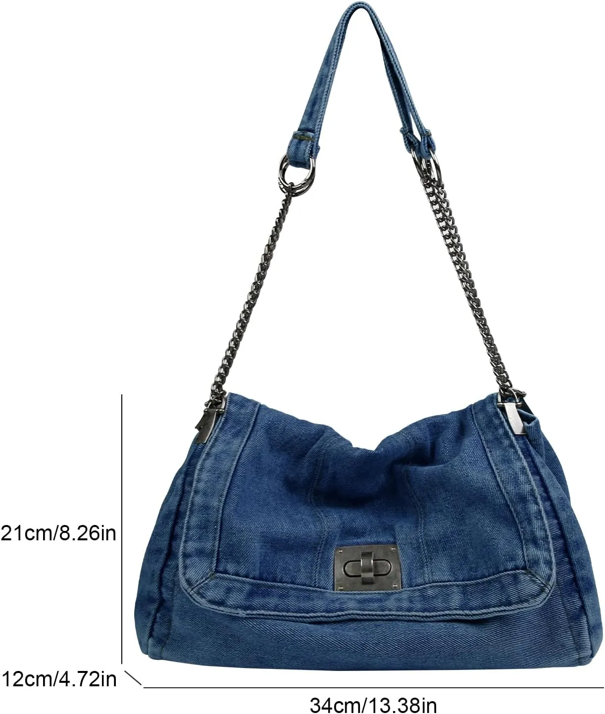 Denim Tote Bag for Women Fashion Adjustable Chain Shoulder Handbag Crossbody Bag Retro Zipper Hobo Purse
