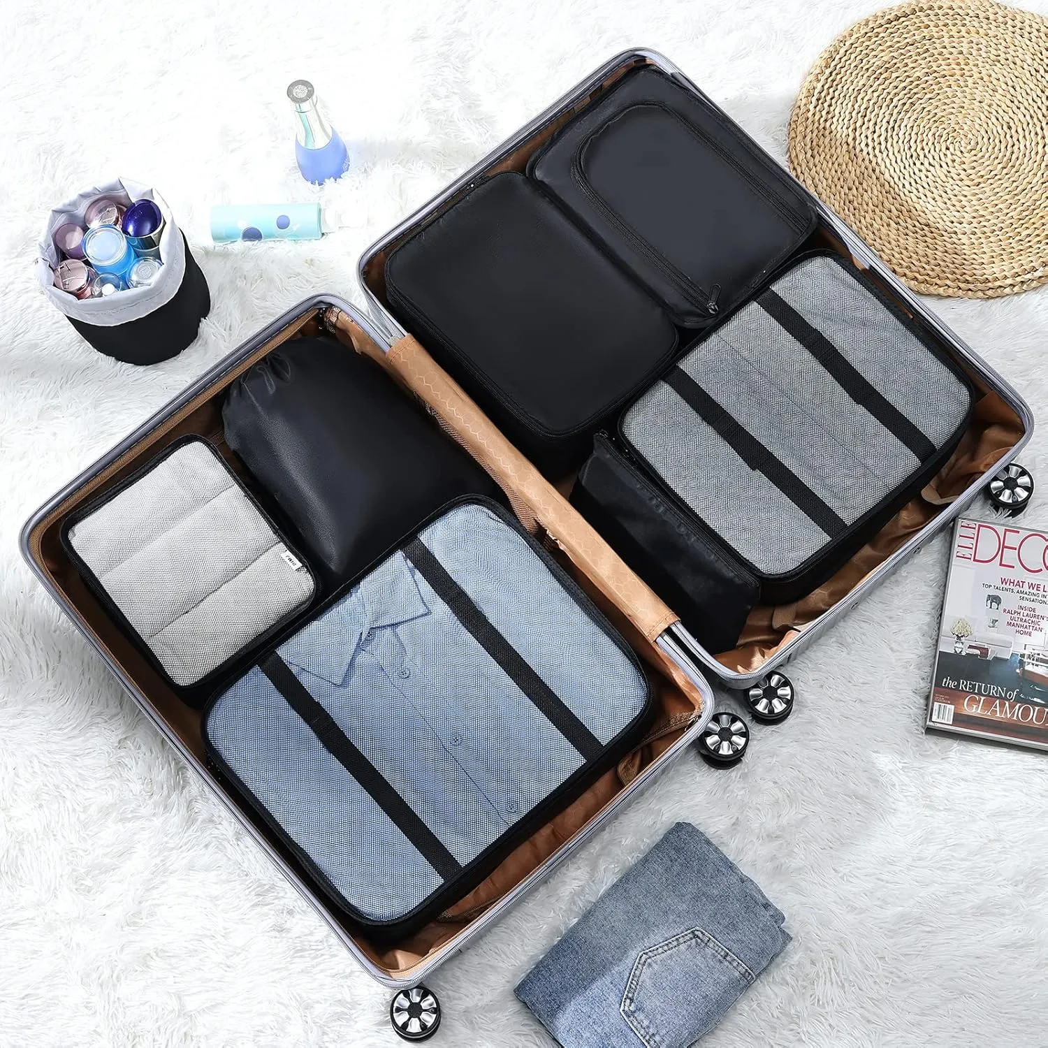 DIMJ Packing Cubes for Travel, Lightweight Luggage Organizers for Suitcase Durable Luggage Cubes for Packing Tear-resistant luggage Packing Cubes Set with Makeup Bag, 8 Pack (Black)