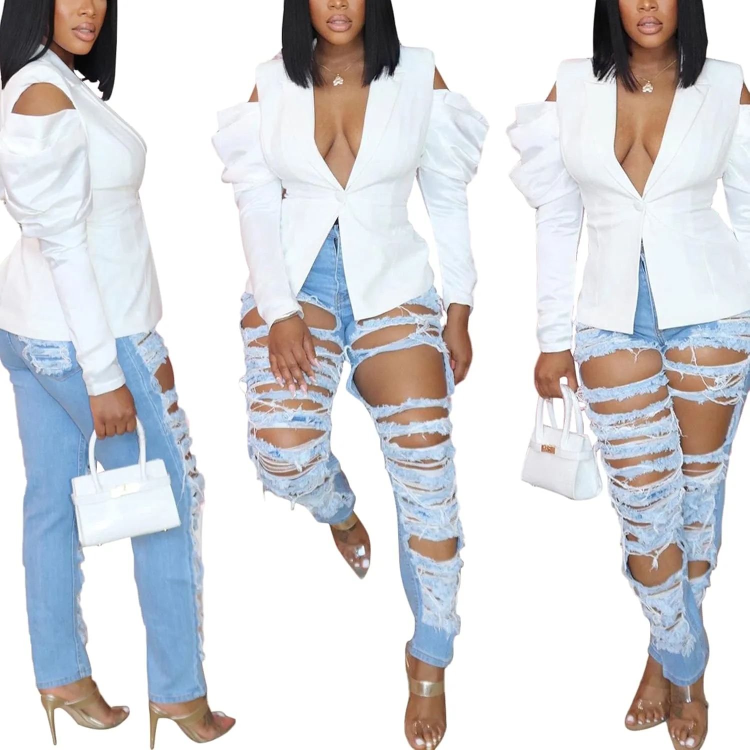DINGANG Women's Casual Blazers Open Front Puff Sleeve Work Office Jackets Blazer