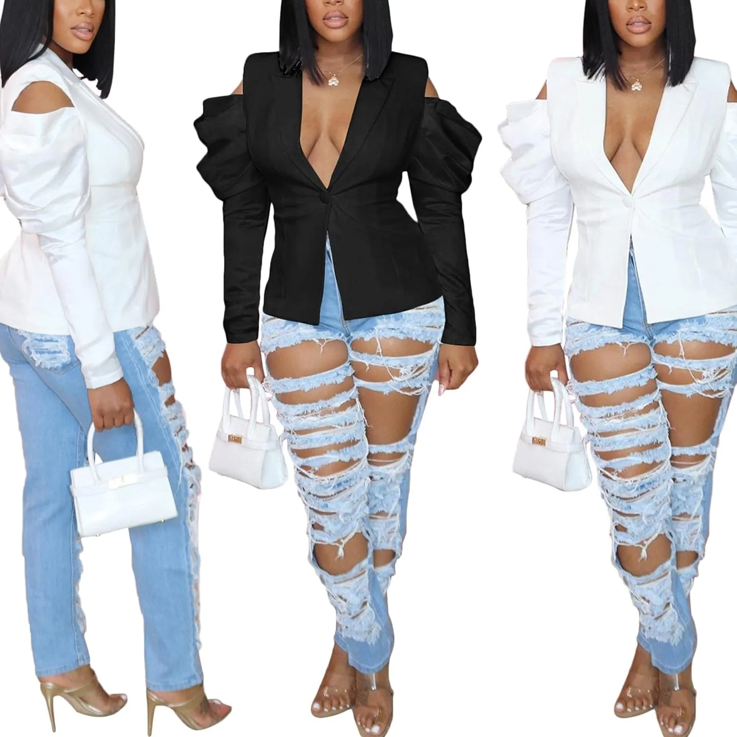 DINGANG Women's Casual Blazers Open Front Puff Sleeve Work Office Jackets Blazer
