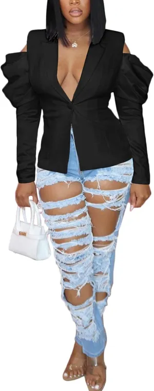 DINGANG Women's Casual Blazers Open Front Puff Sleeve Work Office Jackets Blazer