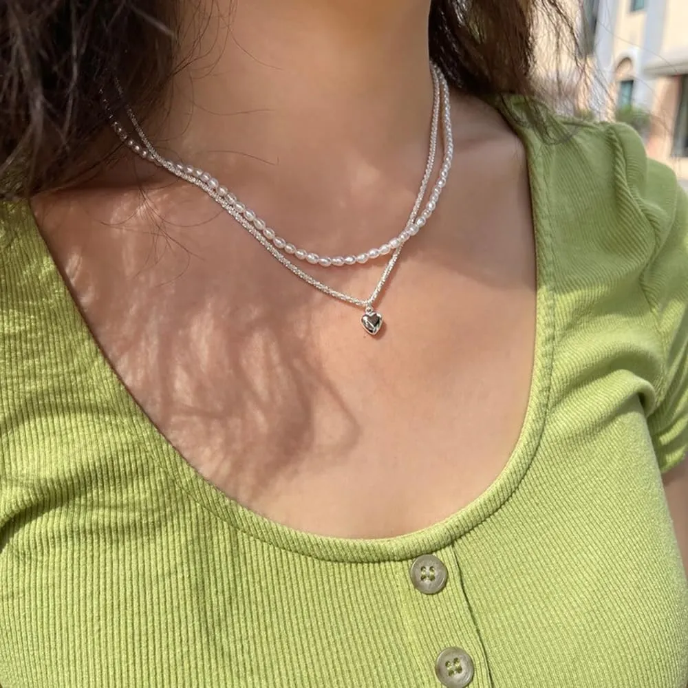 Double Layered Pearl Pendant Necklaces,Charming Dainty Pearl Chain Choker Jewelry Gift,Heart Pendant Necklace for Women Teen Girl