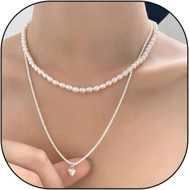 Double Layered Pearl Pendant Necklaces,Charming Dainty Pearl Chain Choker Jewelry Gift,Heart Pendant Necklace for Women Teen Girl