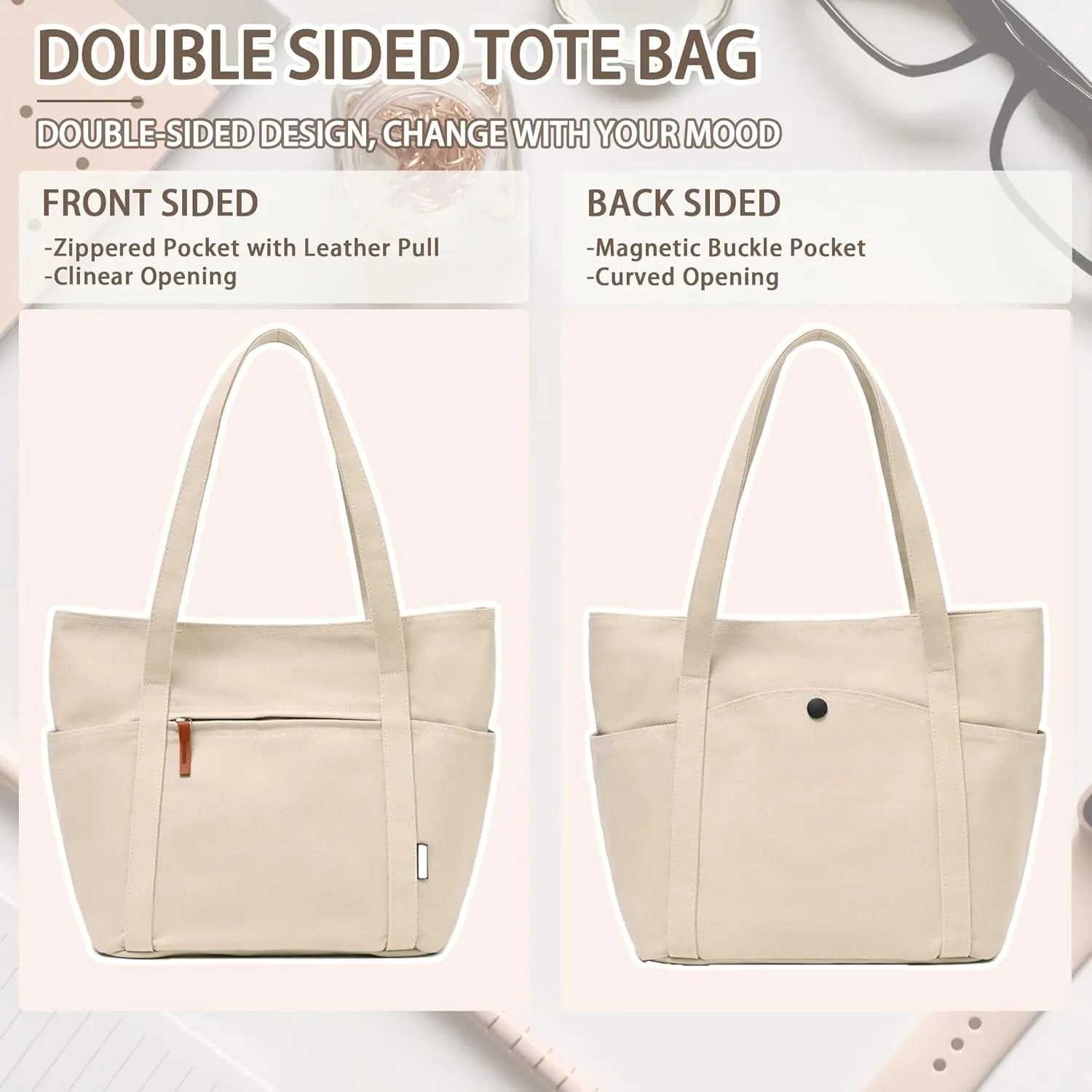 Double-sided Canvas Tote Bag, Womens Handbags Totes Purse with Zipper, Satchel Tote for Work Travel Nurse College