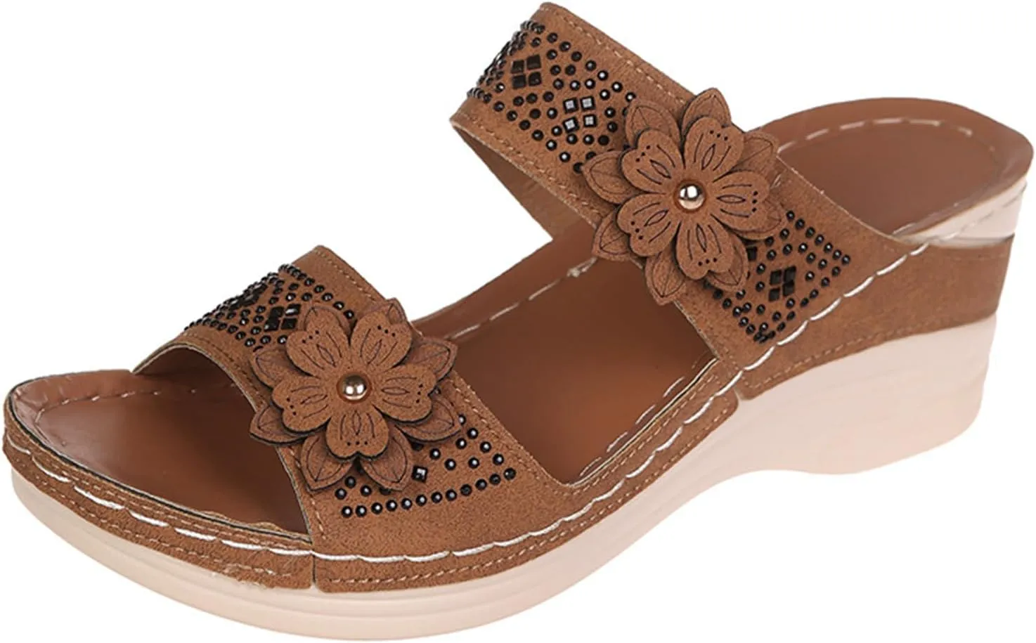 Dressy Slides for Women Wide Width Orthopedic Sandals with Arch Support Comfortable Open Toe Shoes Walking Slippers Non Slip Wedges Flower Decoration Platform Sandals Summer Beach Shoes