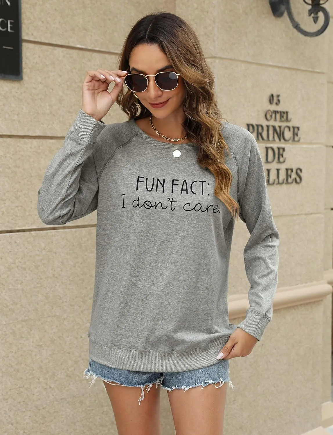 EADINVE "FUN FACT: I don't care Letter Print Women's Crewneck Sweatshirt Raglan Long Sleeve Casual Pullover Tops
