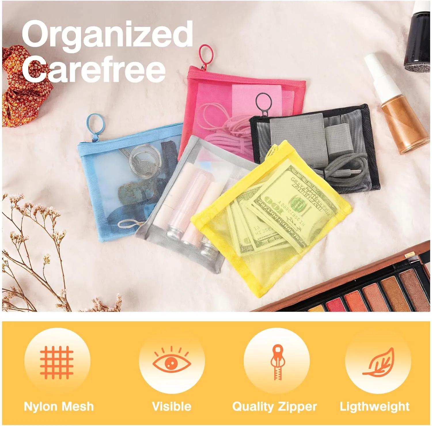 EASYFUN Mesh Zipper Bag Purse Organizer Pouches Makeup/Cosmetic Bag Travel Toiletry Bag Coin Pouch Daily Accessories